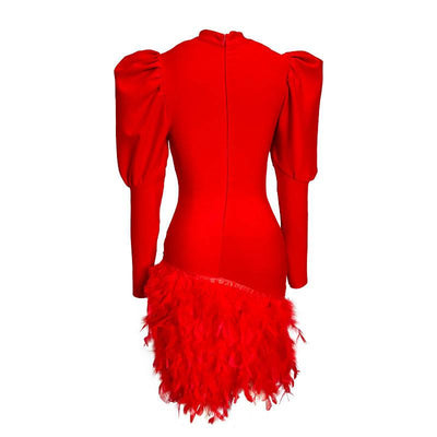 Mary Puff Sleeve Asymmetrical Feather Hem Mini Dress - Hot fashionista