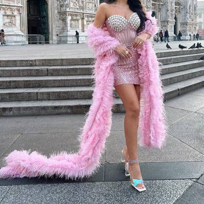 Mercina Strapless Crystal Sequins Corset Mini Dress with Feather Shawl - Hot fashionista
