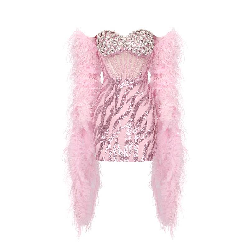 Mercina Strapless Crystal Sequins Corset Mini Dress with Feather Shawl - Hot fashionista