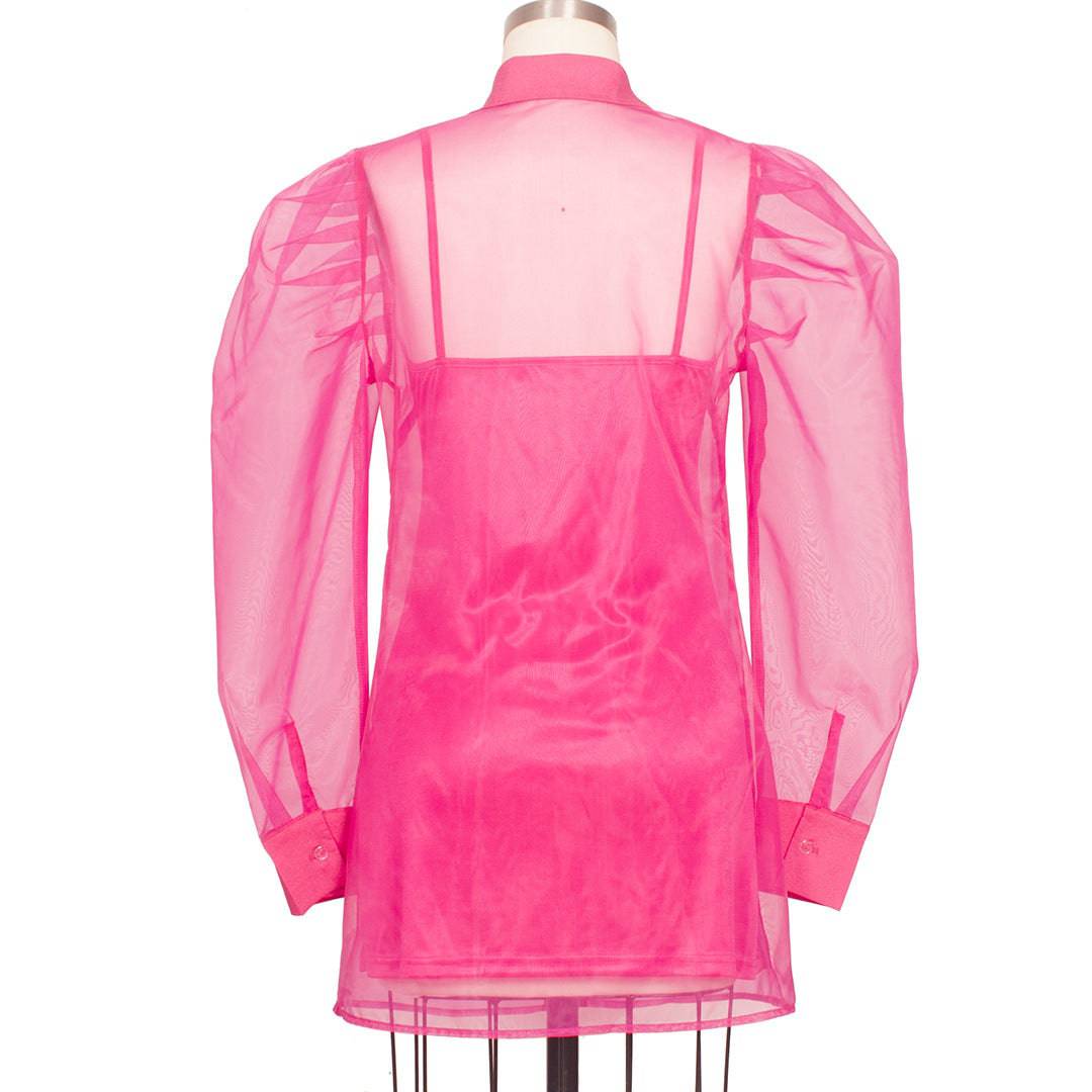 Meri Hot Pink Puff Shoulder Organza Shirt Mini Dress - Hot fashionista
