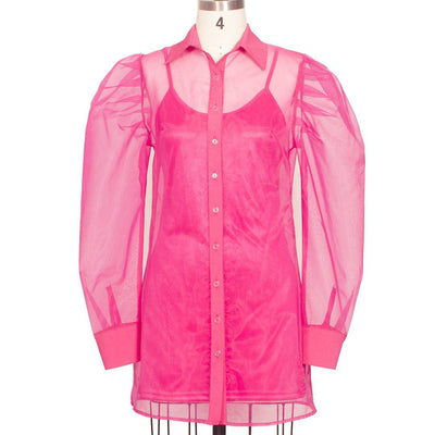 Meri Hot Pink Puff Shoulder Organza Shirt Mini Dress - Hot fashionista