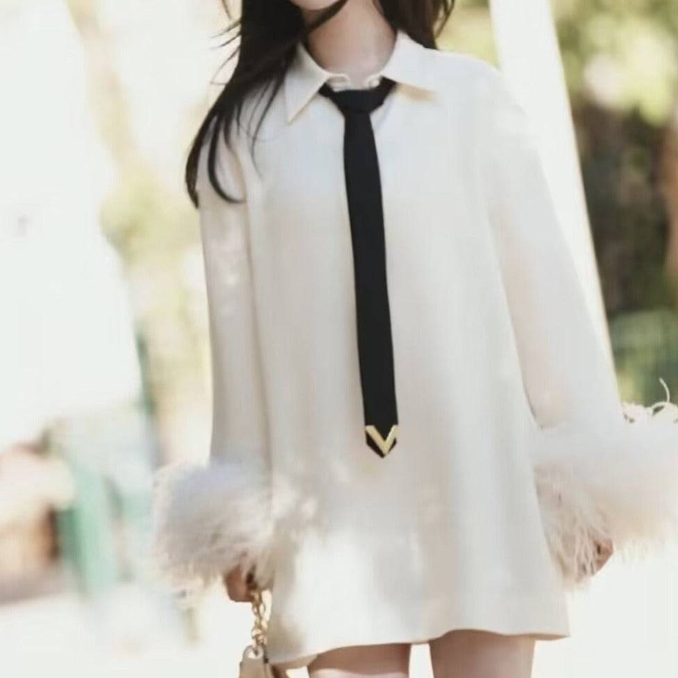 Meryle Collared Fur Sleeve Mini Dress - Hot fashionista