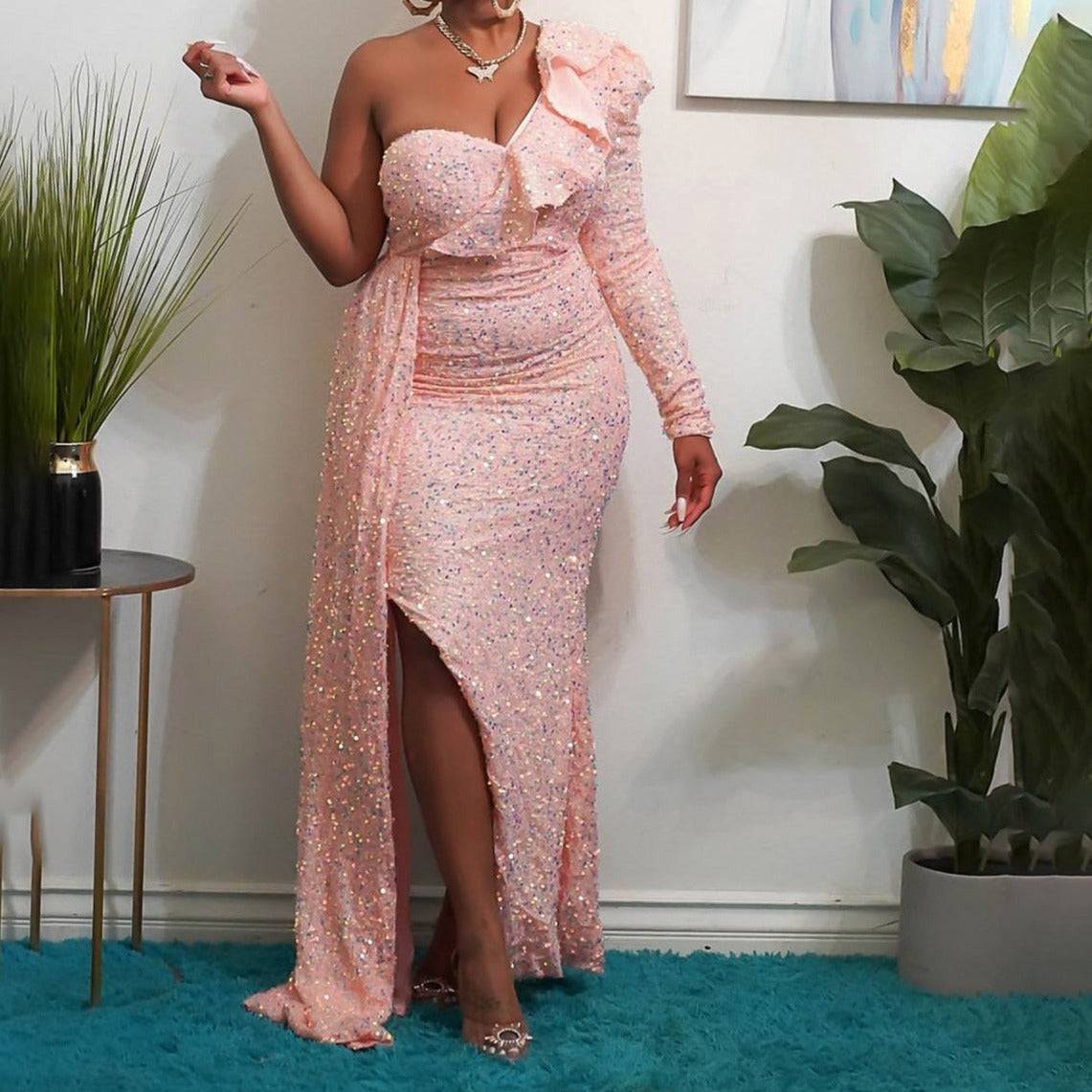 Mikayla Irregular One Shoulder Sequins Side Slit Maxi Dress - Hot fashionista