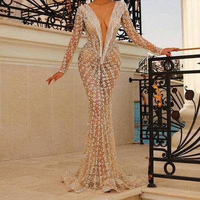 Minnie Long Sleeve Deep V Neck See Through Maxi Dress - Hot fashionista