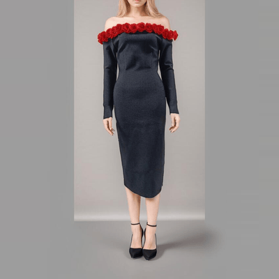 Nathalie  Off Shoulder Rose Detail Midi Dress - Hot fashionista