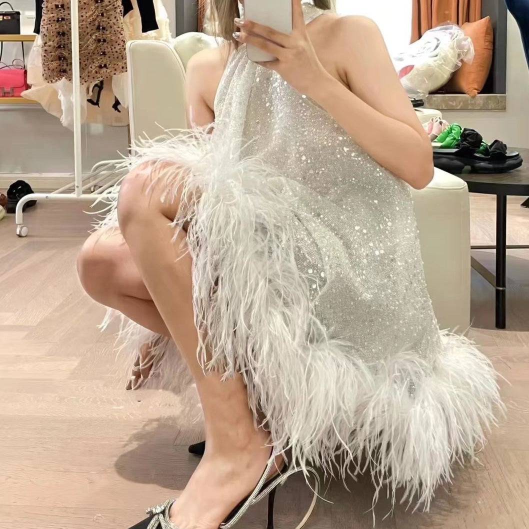 Pamelia Halter Neck Fuzzy Trim Mini Dress - Hot fashionista