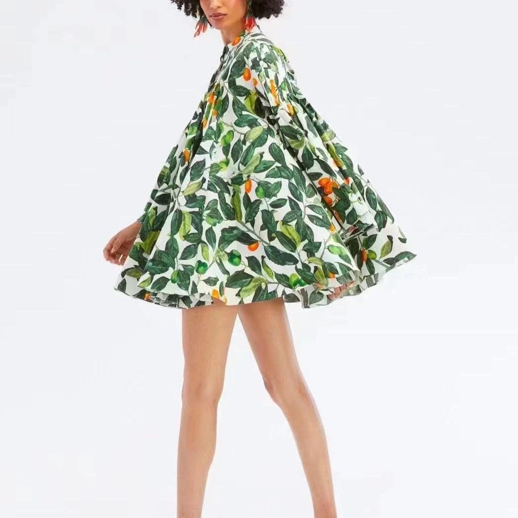 Rena Allover Leaves Print Ruffle Hem Mini Dress - Hot fashionista