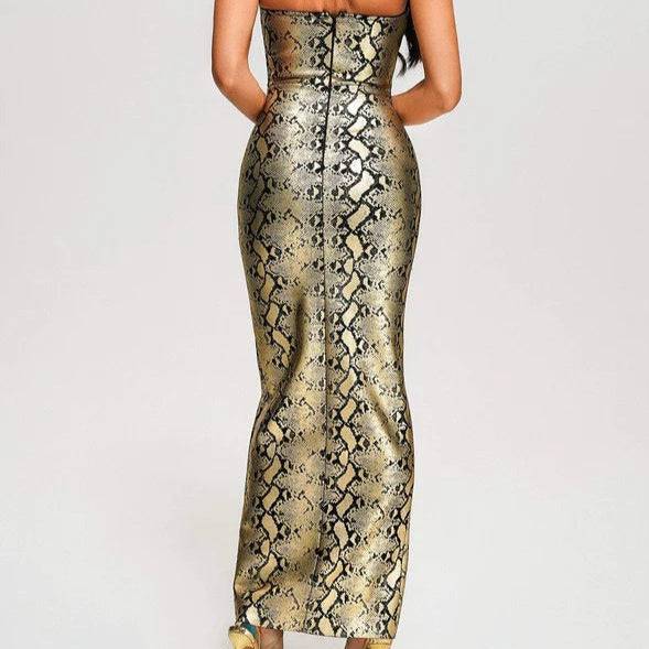 Vickie Strapless Snakeskin Print Front Lace Up Maxi Dress - Hot fashionista