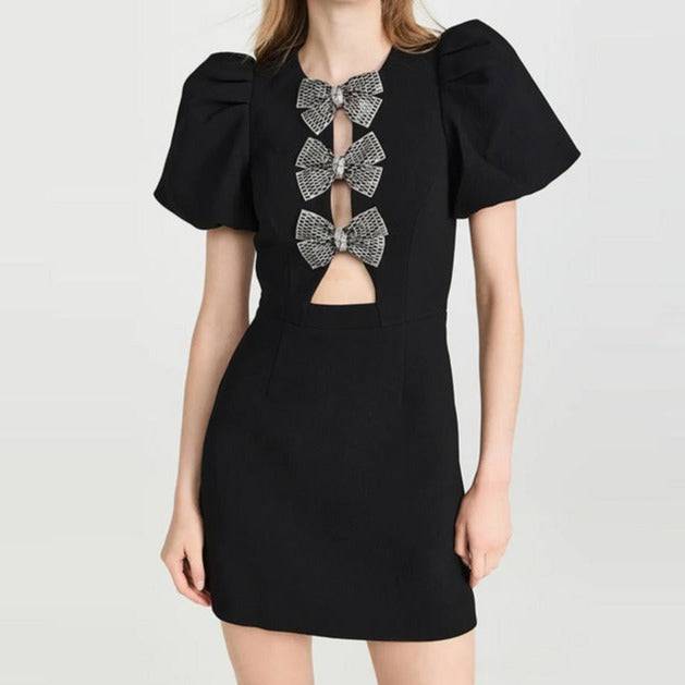Vicky Puff Sleeve Front Bow Tie Embellishment Mini Dress - Hot fashionista