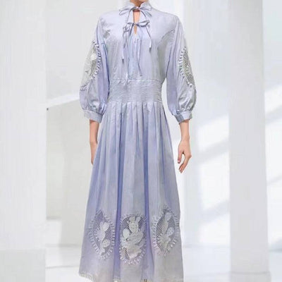 Nelda Stand Collar Spliced Lace Up Maxi Dress - Hot fashionista