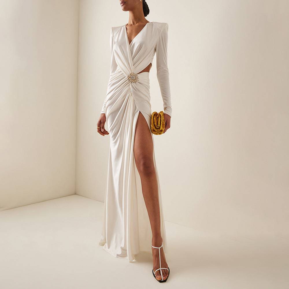 Avah Long Sleeve Side Slit Pleated Maxi Dress - Hot fashionista