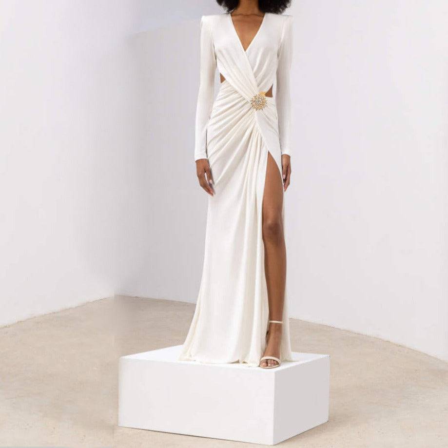 Avah Long Sleeve Side Slit Pleated Maxi Dress - Hot fashionista