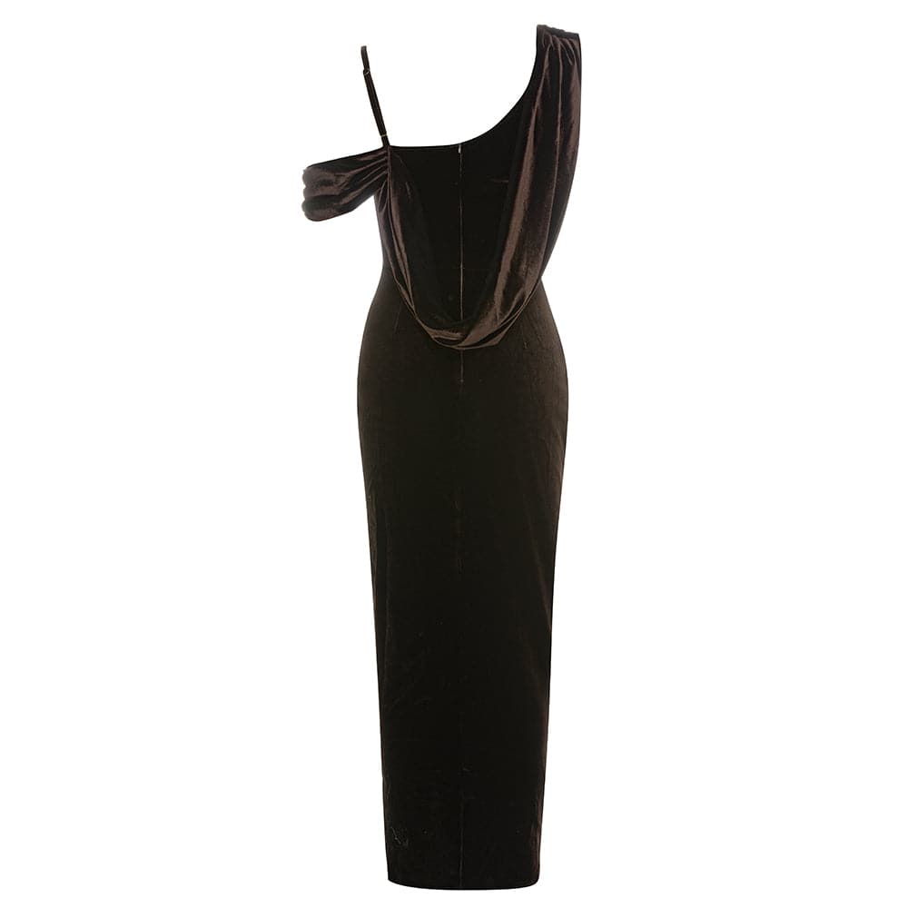 Carron Asymmetrical Neck Wrap Hem Velvet Maxi Dress - Hot fashionista