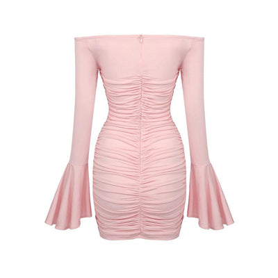 Edith Bell Sleeve Off Shoulder Ruched Mini Dress - Hot fashionista