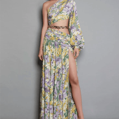 Krissy One Shoulder Chain Embellishment Floral Maxi Dress - Hot fashionista
