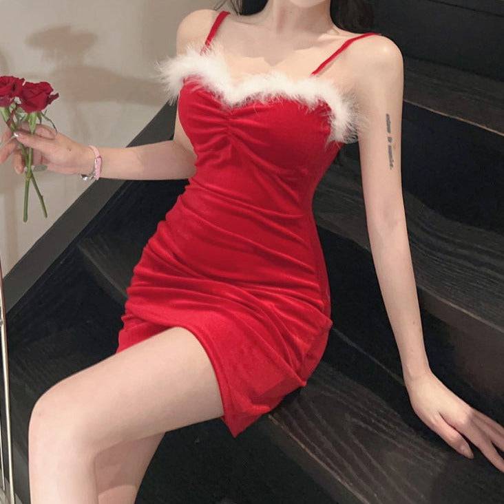 Kristiane Sleeveless Busty Fuzzy Christmas Mini Dress - Hot fashionista