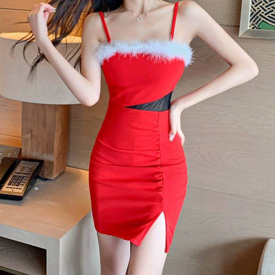 Kristianna Sleeveless Fuzzy Strappy Side Cut Out Christmas Mini Dress - Hot fashionista
