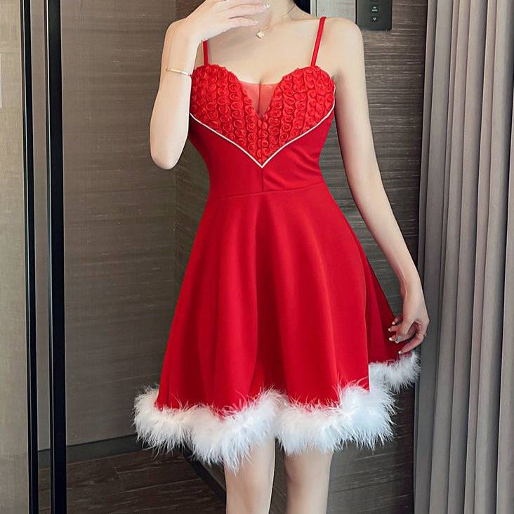 Kristianne Strappy Heart Shape Front Fur Hem Christmas Mini Dress - Hot fashionista