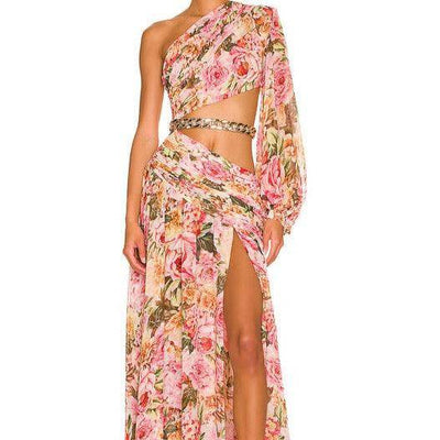 Mary Floral One Shoulder Sleeve Maxi Slit Dress - Hot fashionista