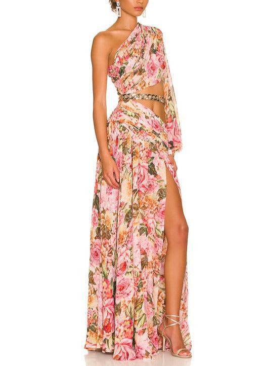 Mary Floral One Shoulder Sleeve Maxi Slit Dress - Hot fashionista