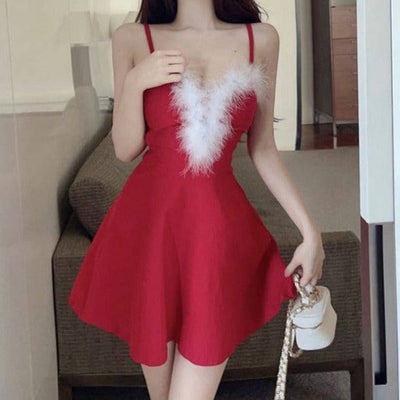 Neely Strappy Fuzzy V Neck A-Line Christmas Mini Dress - Hot fashionista