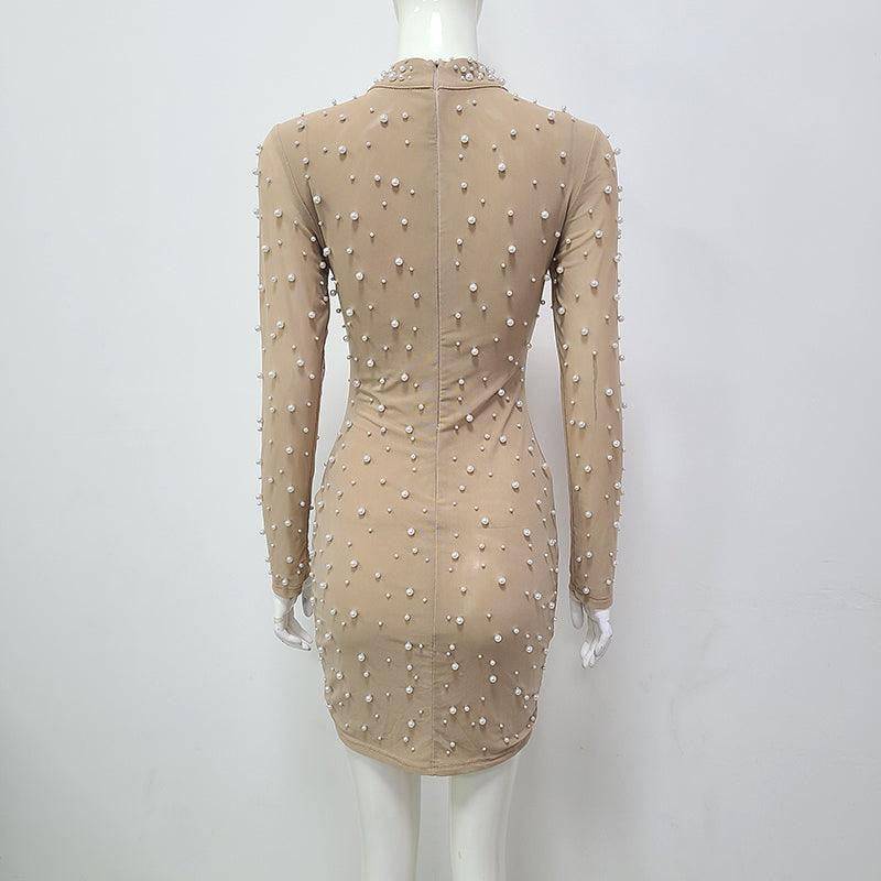 Odette Embellished Pearl Mock Neck Mini Dress - Hot fashionista