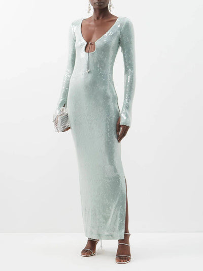 Phoebe Notched Neckline Sequins Maxi Dress - Hot fashionista
