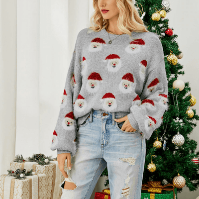 Grace Round Neck Long Sleeve Printed Pullover Sweater - Hot fashionista