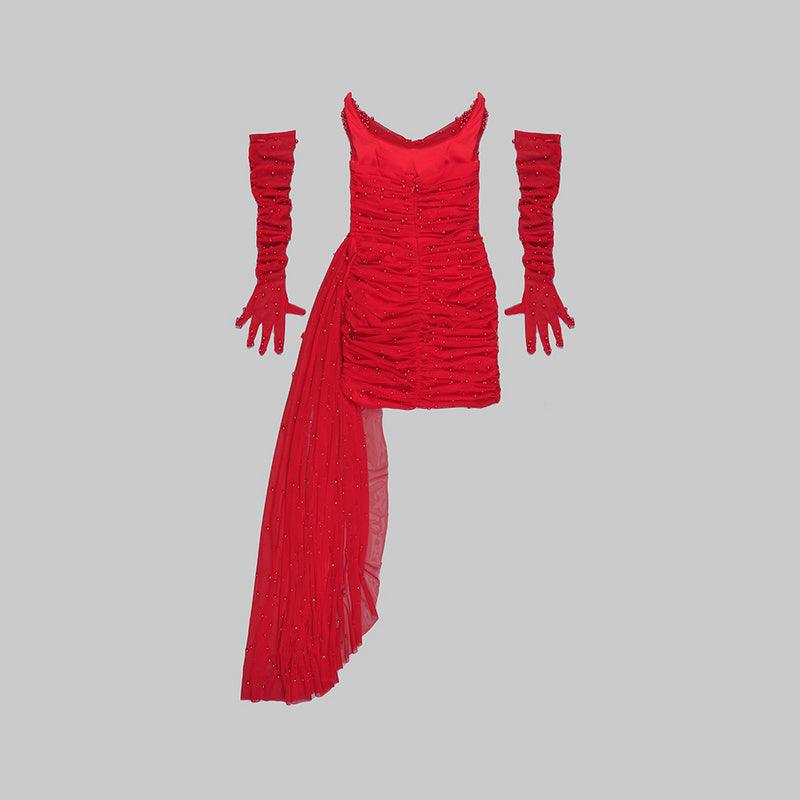 Eleanor Red Pearls with Gloves Mini Cocktail Dress - Hot fashionista