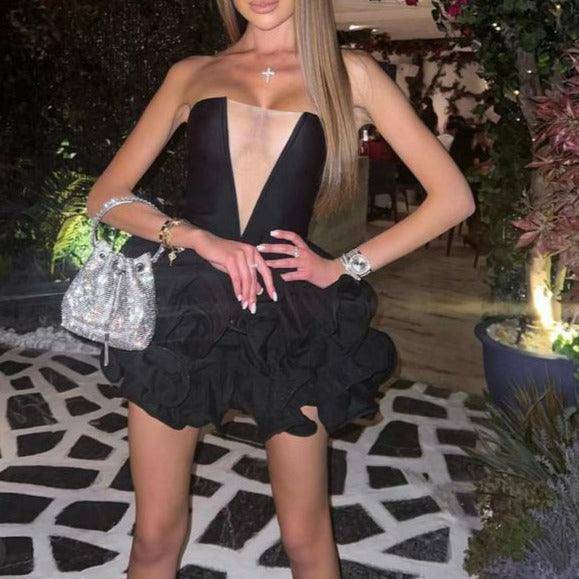 Ginny Mesh V Neck Ruffles Mini Dress - Hot fashionista