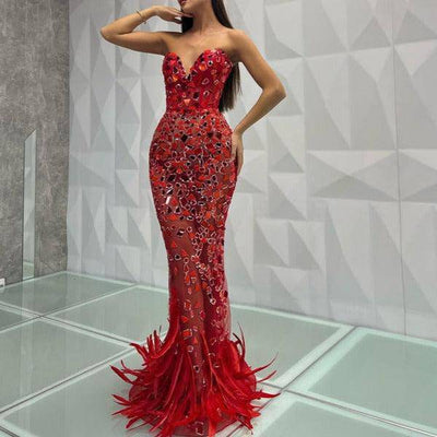Kitt Strapless Feather Red Mirror Maxi Dress - Hot fashionista