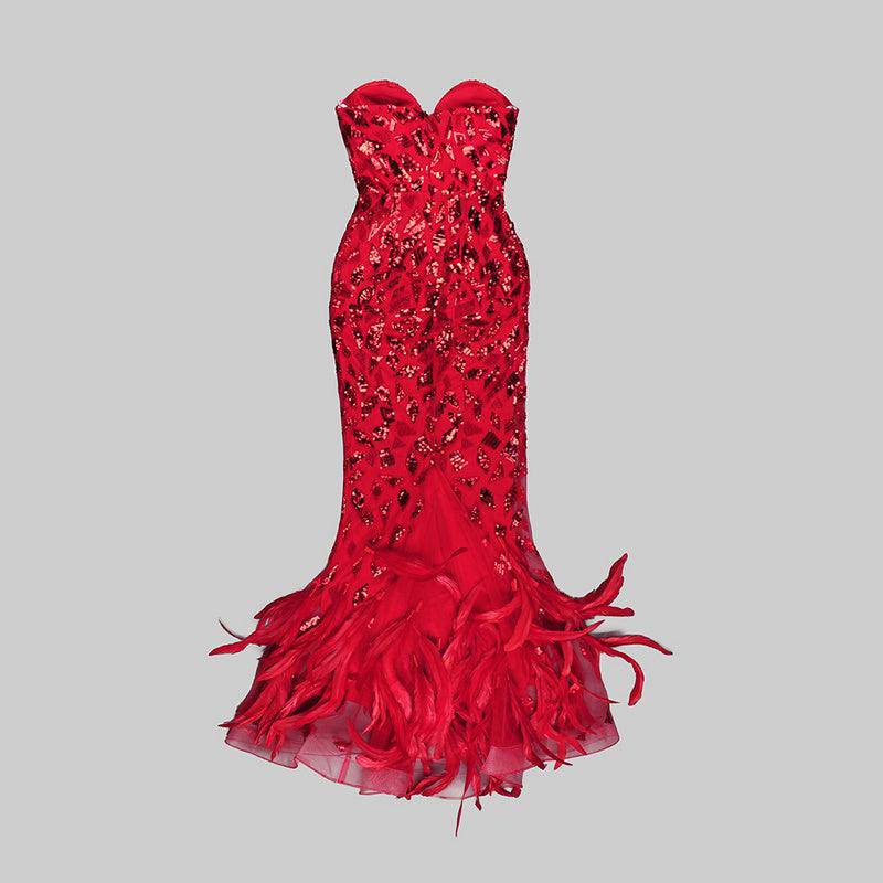 Kitt Strapless Feather Red Mirror Maxi Dress - Hot fashionista