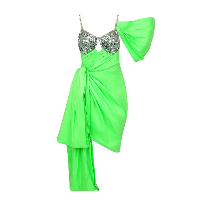 Lacey Strappy Crystals Beaded Green Satin Asymmetrical Dress - Hot fashionista