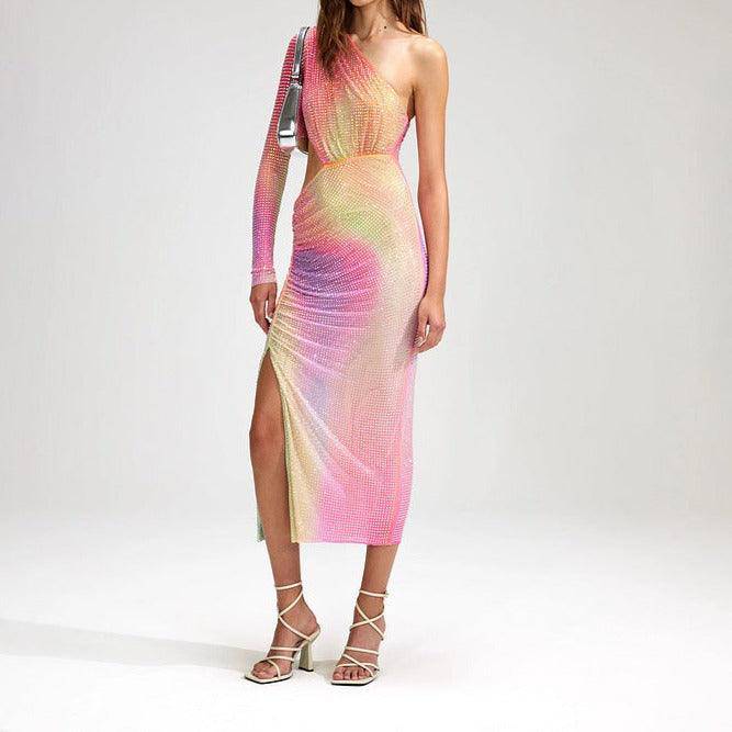 Glenda Rainbow One Shoulder Cut Out Waist High Slit Midi Dress - Hot fashionista