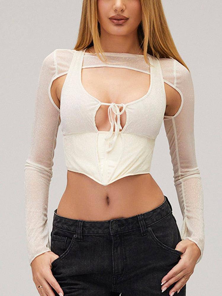 Silvana Double Deck Elastic Boning Lace up Hollow out Tank Top - Hot fashionista