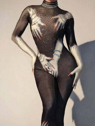 Stefanie Long Sleeve Rhinestones Jumpsuit - Hot fashionista