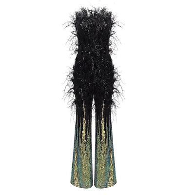 Kelsey Feather Trimmed Sequined Jumpsuit - Hot fashionista