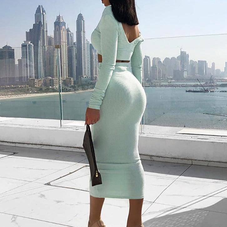 Miya Long Sleeve Crop Top & High Waist Midi Length Skirt Set - Hot fashionista