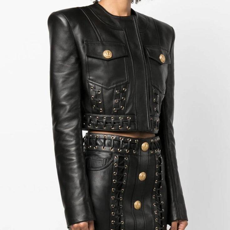 Lona Double Pocket Leather Jackett + Eyelet Embellished Buttoned Leather Mini Skirt Set - Hot fashionista
