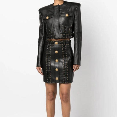 Lona Double Pocket Leather Jackett + Eyelet Embellished Buttoned Leather Mini Skirt Set - Hot fashionista