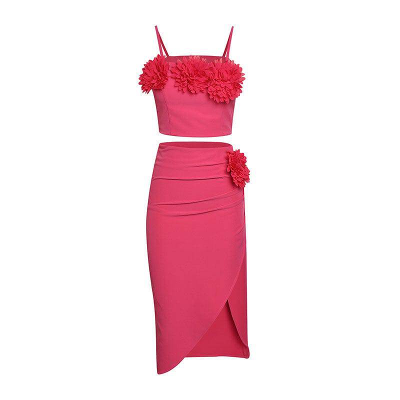 Mildrid Rose Red Large 3D Flower Short Top & Pleated Wrap Skirt Set - Hot fashionista