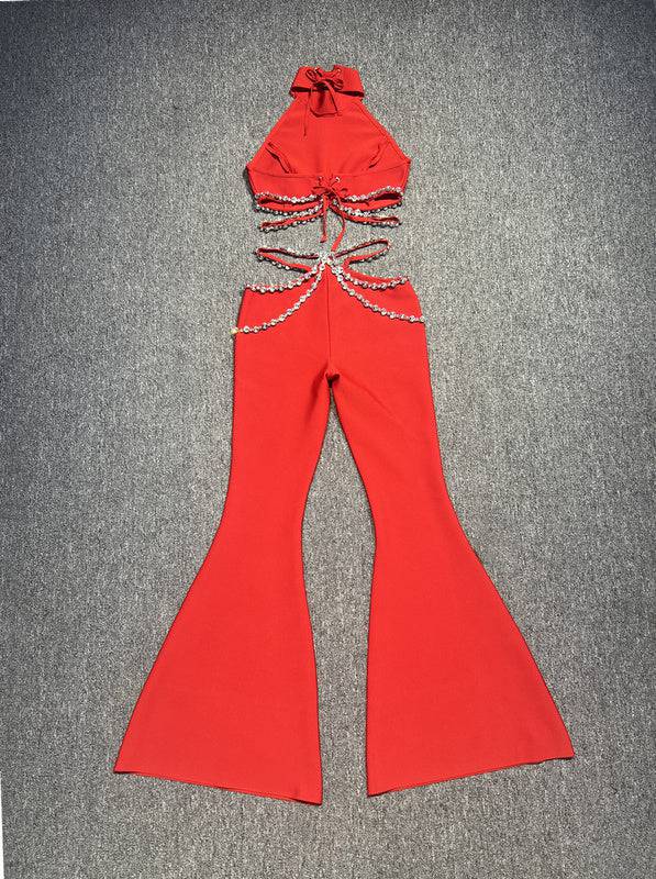 Blenda Halter Neck Diamond Embellished Crop Top & Flare Pants Set - Hot fashionista