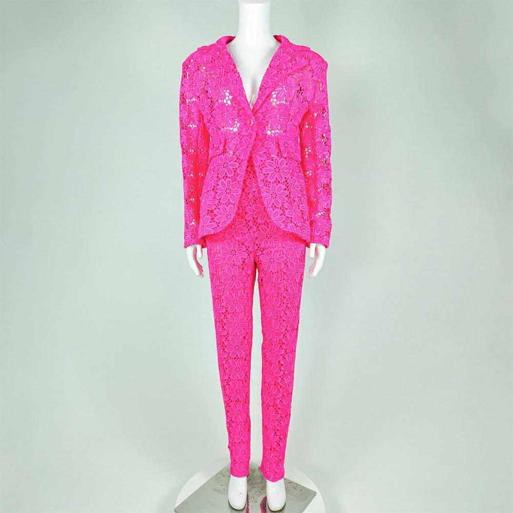 Veronica Single Button Blazer & High Rise Floral Lace Pants Set - Hot fashionista