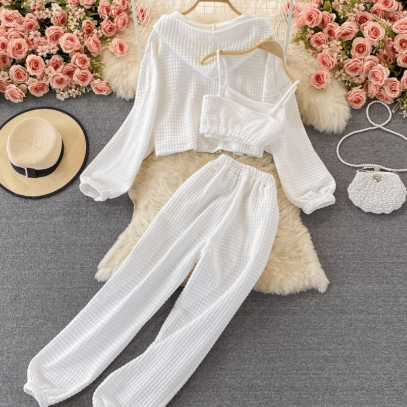 Savanna Crop Top with Ribbed Hooded Sweater & High Waist Pants Set - Hot fashionista
