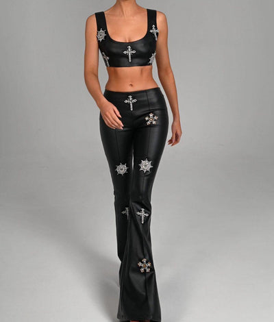 Paula Sleeveless Top & Flared Crystal Embellishment Pants Set - Hot fashionista