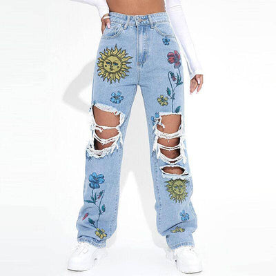 Elyse Floral & Sun Print Ripped Jeans - Hot fashionista