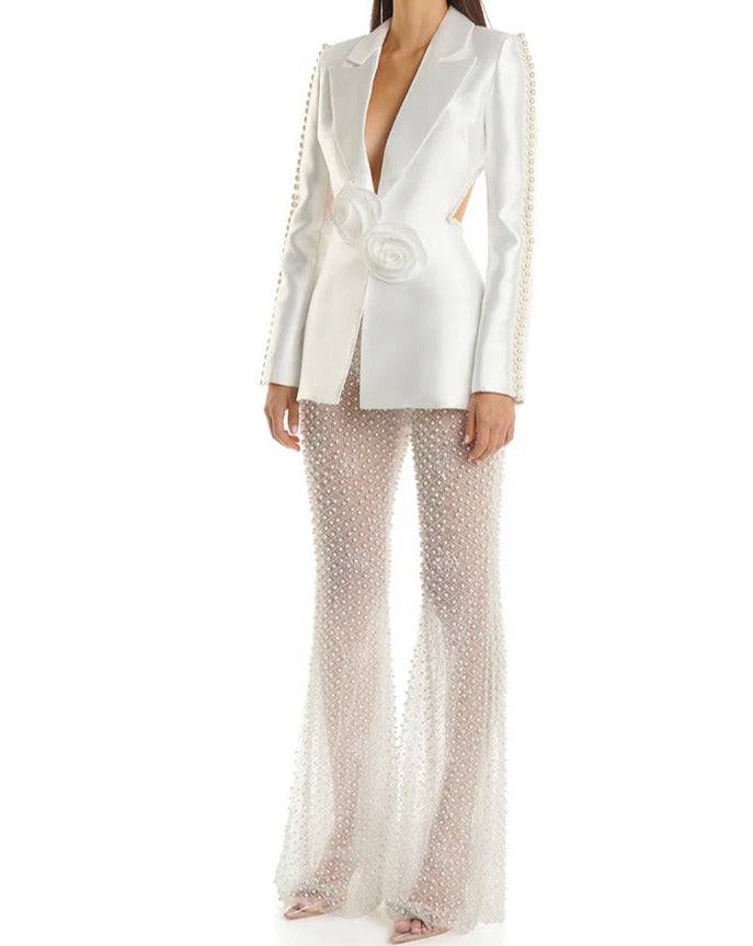 Velvet Pearl and Floral Embellished Top & See Through Pants Set - Hot fashionista