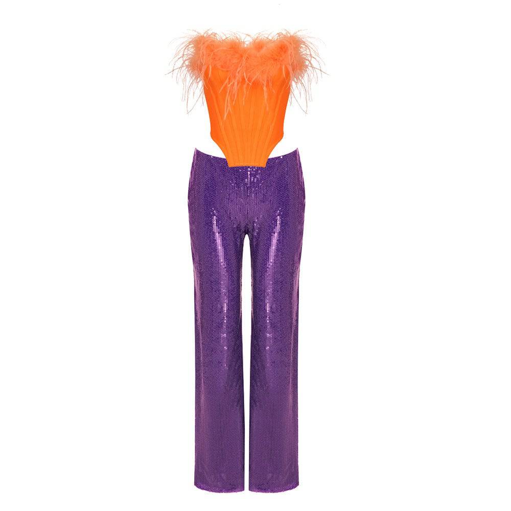 Piera Strapless Feather Crop Top & Sequins Pants Set - Hot fashionista