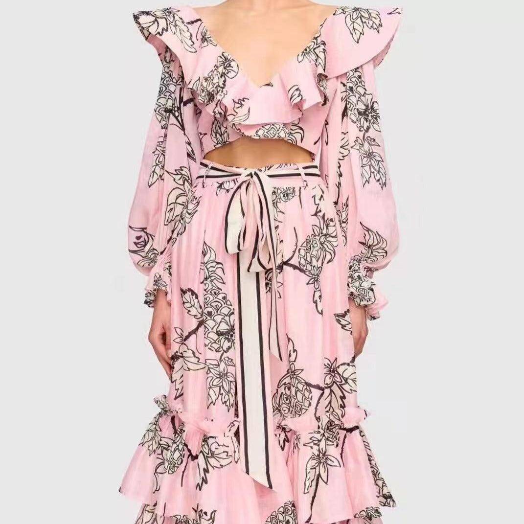 Brielle Allover Print V Neck Crop Top & Layered Hem Skirt Set - Hot fashionista