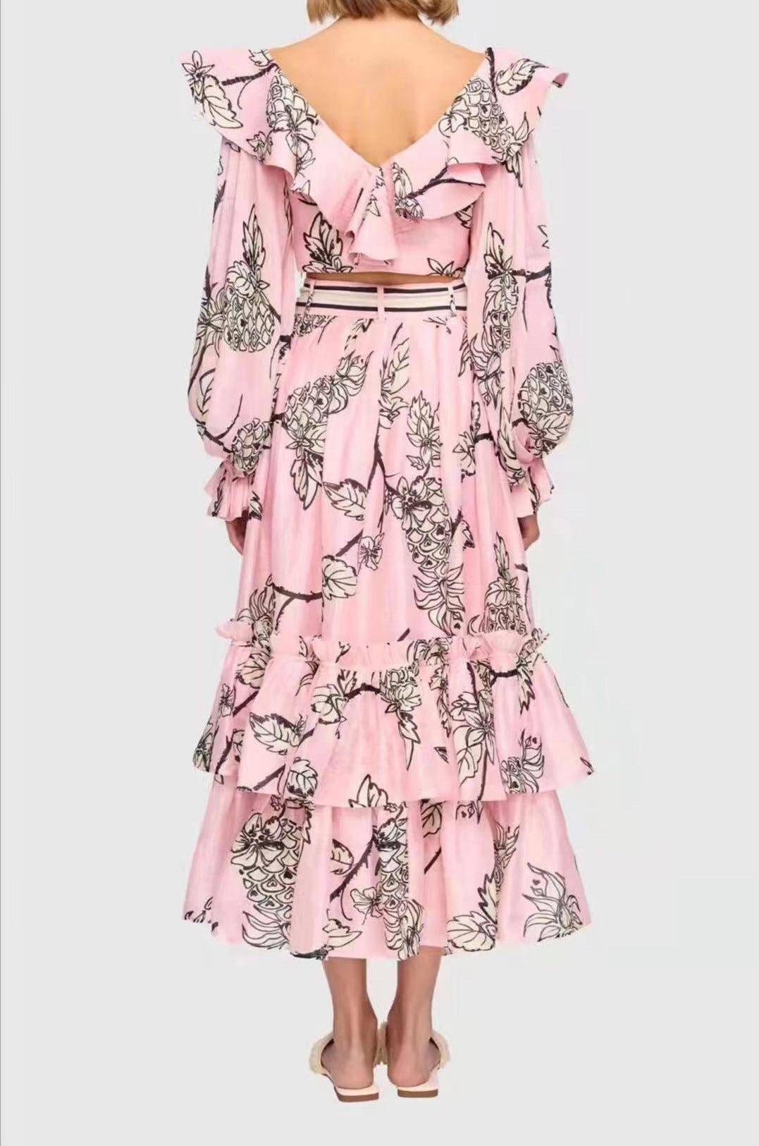 Brielle Allover Print V Neck Crop Top & Layered Hem Skirt Set